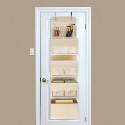 Wall-Mounted Fabric Storage Bag For Wardrobe Doors Gray 4-Grids hanging overdoor organizer with clear pockets for toiletries, makeup, and small accessories