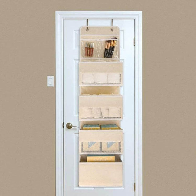 Wall-Mounted Fabric Storage Bag For Wardrobe Doors Gray 4-Grids hanging overdoor organizer with clear pockets for toiletries, makeup, and small accessories