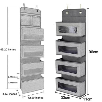 Wall-Mounted Fabric Storage Bag For Wardrobe Doors Gray 4-Grids hanging overdoor organizer with clear windows and five fabric pockets