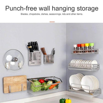 Wall-Mounted Knife Holder for Kitchen Organization stainless steel punch-free wall storage with knives, utensils and dish rack