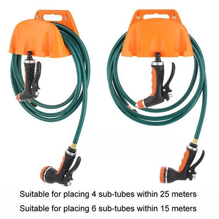 Wall Mounted Plastic Water Pipe Holder For Garden Irrigation - orange plastic wall-mounted hose holder with coiled green garden hose and spray nozzle