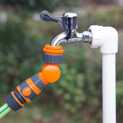 Washing Machine Faucet Connector 180 Degree Swivel – plastic 12 mm port attached to garden faucet with orange swivel adapter for kink-free hose routing
