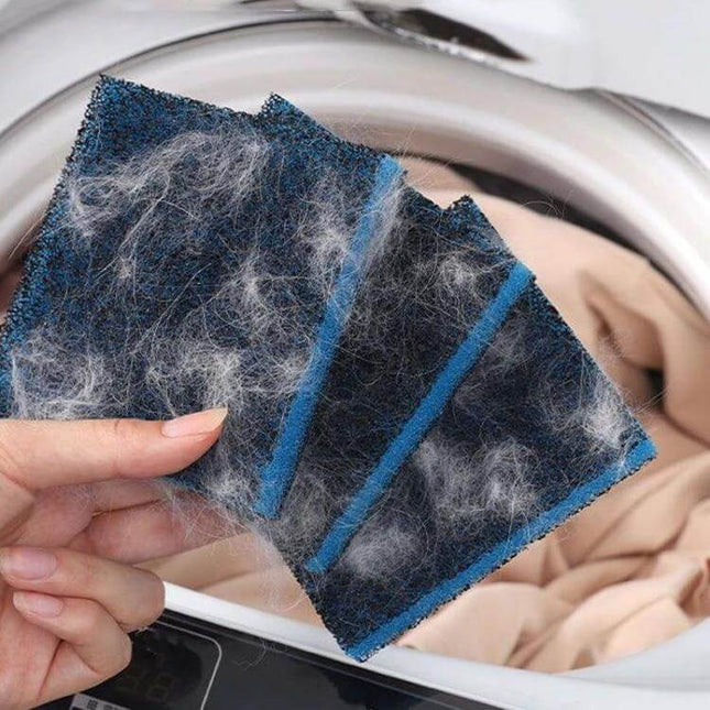 Washing Machine Hair Remover Filter With Three Layer Filtration showing charcoal pads covered in pet hair being held over a front-load washer