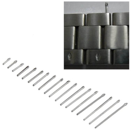 Watch Band Repair Tool Kit 6-23mm With Steel Pins Set – 18 steel pins laid out with pin inserted in metal watchband for resizing and repair