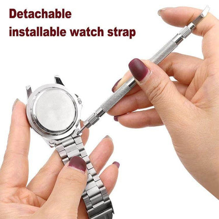 Watch Band Spring Bar Remover Tool With Spare Pins – stainless steel compact 140x7x7mm tool removing a metal watch band, includes spare pins