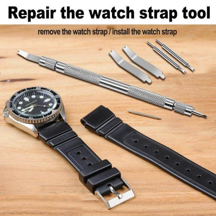 Watch Band Spring Bar Remover Tool With Spare Pins stainless steel tool, forks and spare pins next to watch and black strap on wooden surface