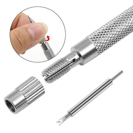 Watch Band Spring Bar Remover Tool With Spare Pins - stainless steel knurled handle, removable cap, spare pin and fork for watch band changes