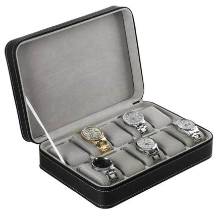 Watch Box 12-Watch Capacity For Display And Everyday Storage black PU leather case with 12 gray cushioned slots showing six wristwatches