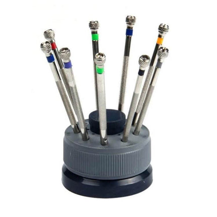 Watch Repair Screwdriver Set 9 In 1 For Watches And Glasses - compact 9 flat-head screwdrivers with color-coded tips and rotating stand