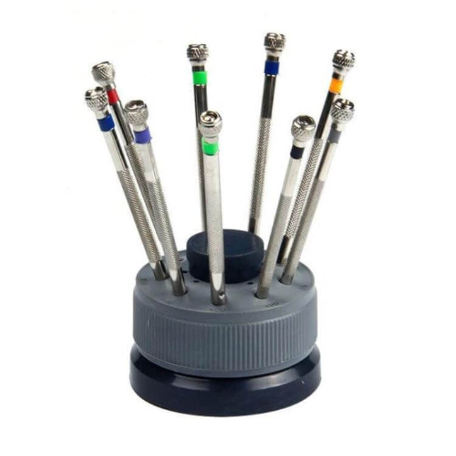 Watch Repair Screwdriver Set 9 In 1 For Watches And Glasses - compact 9 flat-head screwdrivers with color-coded tips and rotating stand