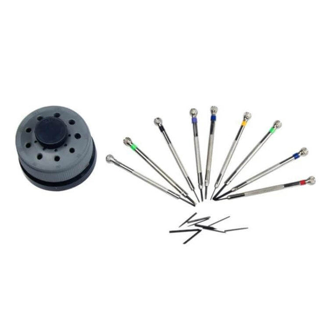Watch Repair Screwdriver Set 9 In 1 For Watches And Glasses with rotating stand, 9 color-coded flat-head tips and spare blades