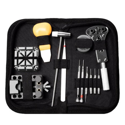 Watch Repair Tool Set for Home Use Portable Everyday Handy Kit in compact black case with screwdrivers, punches, tweezers and pry tools