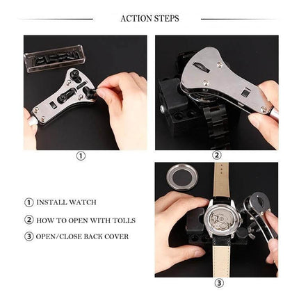 Watch Repair Tools Kit for Bands and Batteries, 20 Piece Set showing three-step action: install watch, open back cover, replace battery and resize band
