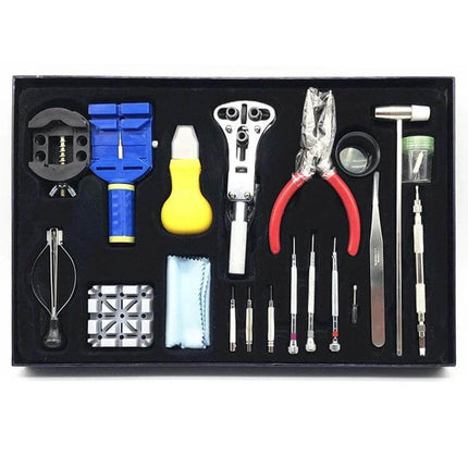 Watch Repair Tools Kit for Bands and Batteries, 20 Piece Set - compact tray with band remover, pliers, screwdrivers, hammer, pins and cleaning cloth