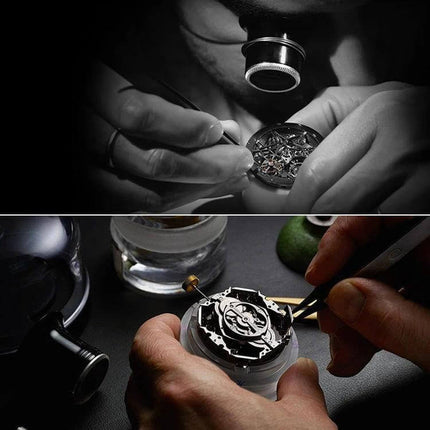 Watch Repair Tools Kit for Bands and Batteries, 20 Piece Set - hands using precision tools to repair watch movement and replace battery