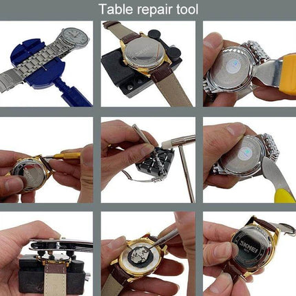 Watch Repair Tools Kit for Bands and Batteries, 20 Piece Set - compact 20-piece table repair tool kit showing battery change and band resizing