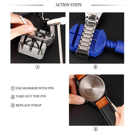 Watch Repair Tools Kit for Bands and Batteries, 20 Piece Set showing tools removing pins, resizing metal band, and replacing watch strap
