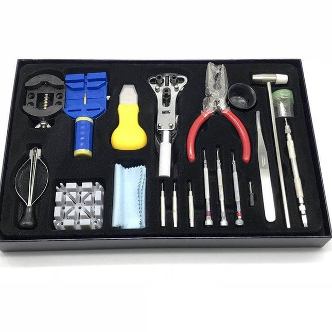 Watch Repair Tools Kit for Bands and Batteries, 20 Piece Set - compact tray with pliers, screwdrivers, link remover, hammer, tweezers, battery press and cleaning cloth