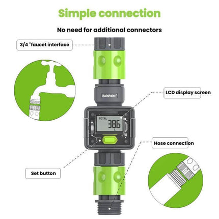 Water Flow Sensor For Real-Time Garden Irrigation Readings compact LCD meter showing real-time flow, easy hose and faucet connections