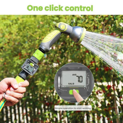 Water Flow Sensor For Real-Time Garden Irrigation Readings compact LCD flow meter attached to garden hose showing 7-day average and one-click control