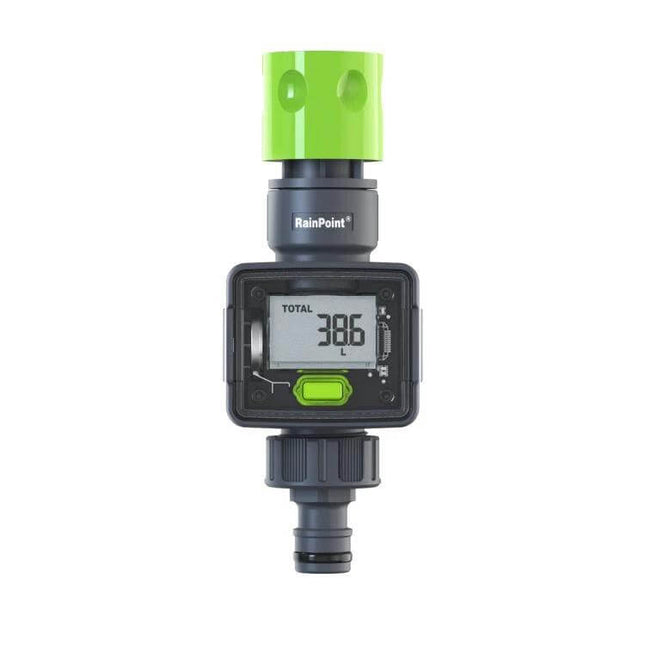 Water Flow Sensor For Real-Time Garden Irrigation Readings compact meter with LCD showing total 3.86L and quick-connect fittings