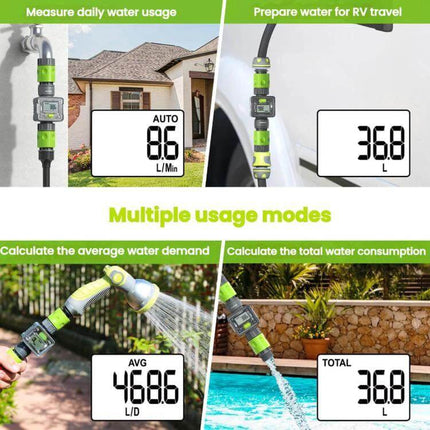 Water Flow Sensor For Real-Time Garden Irrigation Readings compact LCD display showing flow rate and total consumption on garden hose
