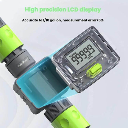 Water Flow Sensor For Real-Time Garden Irrigation Readings compact unit with high-precision LCD showing total gallons and easy-install connectors
