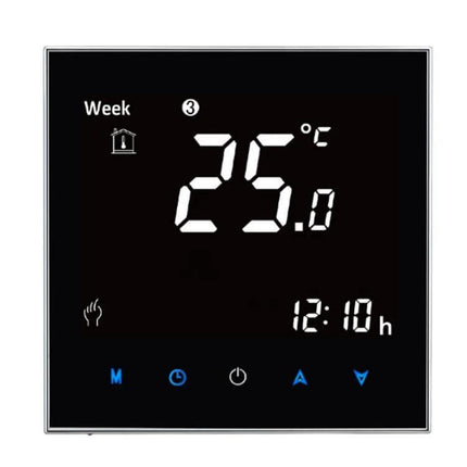 Water Heating Thermostat With LCD Display For Home Comfort sleek black touchscreen thermostat showing 25°C and clock display