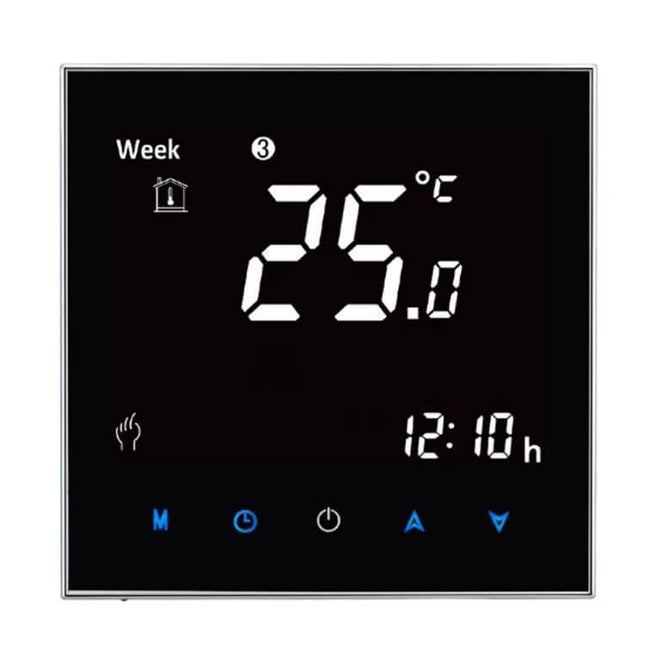 Water Heating Thermostat With LCD Display For Home Comfort sleek black touchscreen thermostat showing 25°C and clock display
