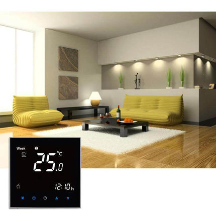 Water Heating Thermostat With LCD Display For Home Comfort digital thermostat showing 25°C in modern living room