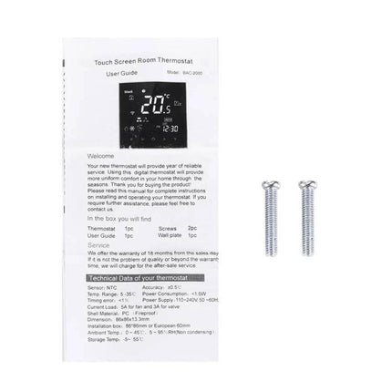 Water Heating Thermostat With LCD Display For Home Comfort packaged unit with touchscreen manual and mounting screws on white background