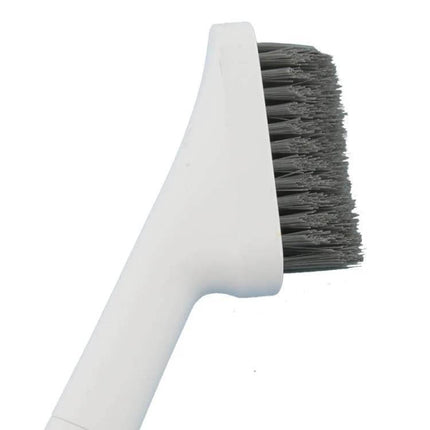Water Tank Cleaning Brush With Built-In Blade For Hair Removal - compact white brush with fine flexible bristles for removing hair and debris from water tanks