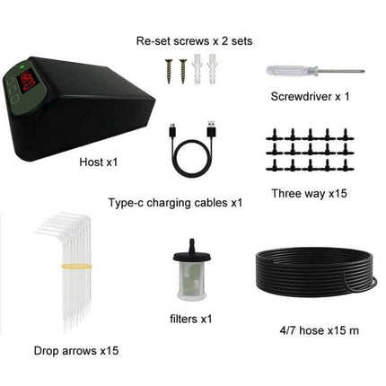 Watering Device For Plants Solar Powered Home Garden kit showing host unit, Type-C cable, hose, connectors, drip arrows and filter components