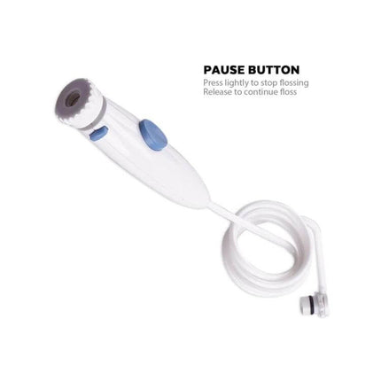 Water Flosser Replacement Hose Handle Flexible For Everyday Use white replacement hose handle with blue pause button and coiled flexible tube compatible with Waterpik WP-100