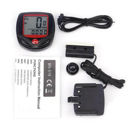 Waterproof Cycle Computer For Cycling 14-Function Everyday Use compact wired unit with LCD, sensor transmitter, wheel magnet and mounting accessories
