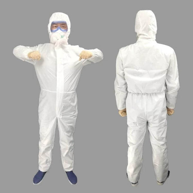 Waterproof Disposable Isolation Suit For General Protection XS To XXXL shown front and back in white SF non-woven protective coverall