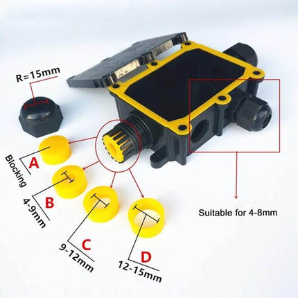 Waterproof Five-Way Junction Box For Circuit Board Protection with PC plastic housing, grommets for 4-15mm cables, weatherproof outdoor cable junction