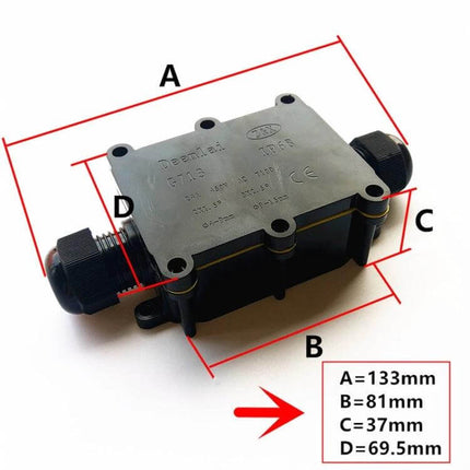 Waterproof Five-Way Junction Box For Circuit Board Protection - black PC plastic enclosure with 5-way cable glands, dimensions A=133mm B=81mm C=37mm D=69.5mm
