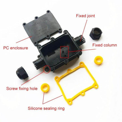 Waterproof Five-Way Junction Box For Circuit Board Protection showing PC enclosure, silicone sealing ring, screw fixing hole, fixed joint and columns
