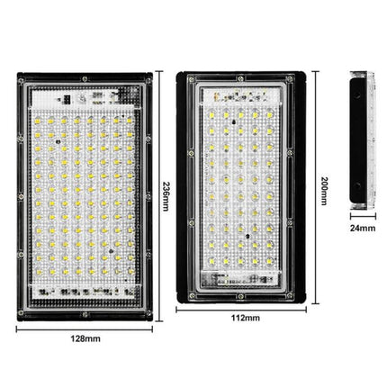 Waterproof LED Flood Light 100W for Outdoor Garden Use - rectangular waterproof LED panel, aluminum+PC shell, 120° beam, 3000K/6000K options, dimensions shown