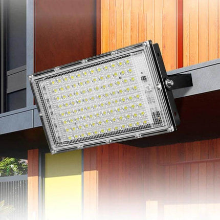 Waterproof LED Flood Light 100W for Outdoor Garden Use mounted on exterior wall showcasing 120° beam, rugged AL+PC waterproof shell, 6000K cool white option