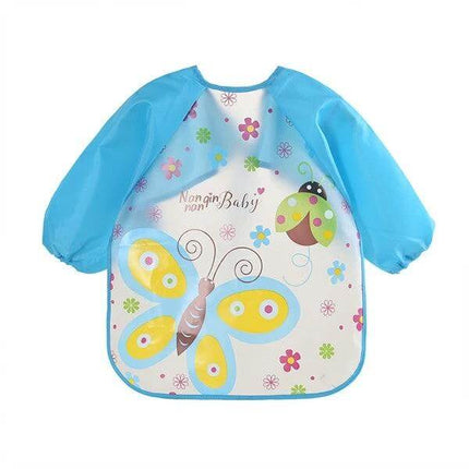 Baby Bibs Waterproof Long Sleeve Apron One Size Everyday Use - blue waterproof long-sleeve baby bib with butterfly and flower print