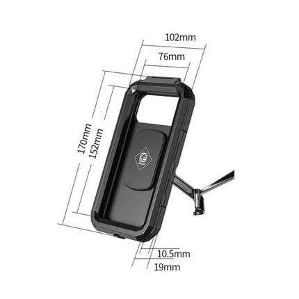 Waterproof Rearview Mirror Phone Holder for Bikes and Motorcycles - compact waterproof phone mount with touchscreen access and dimensions shown