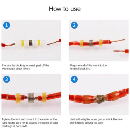 Waterproof Solder Ring Heat Shrink Wire Connectors demonstrating four-step heat-shrink solder-seal butt splice installation