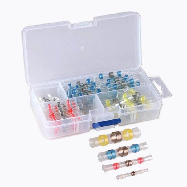 Waterproof Solder Ring Heat Shrink Wire Connectors kit in plastic case showing assorted solder-seal butt connectors