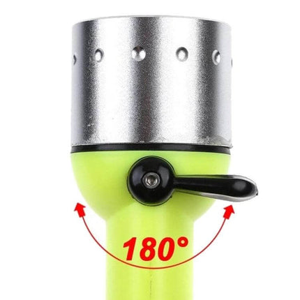 Waterproof Underwater Diving LED Flashlight For Fishing showing 180° pivoting head, rugged ABS body, green handle and metal reflector