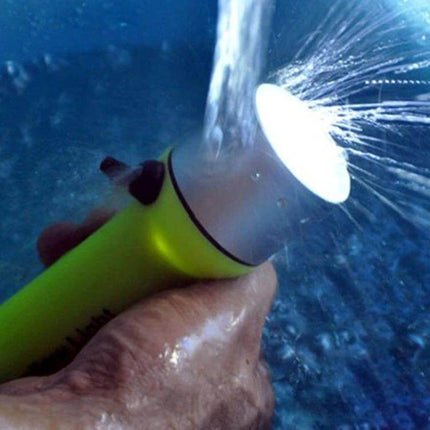 Waterproof Underwater Diving LED Flashlight For Fishing in use underwater, bright 6000K beam, rugged yellow ABS body, IP-68 rated to 150m, handheld night-fishing light