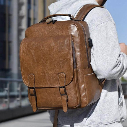 Weixier Waterproof Work Backpack For Daily Commute brown PU leather commuter backpack with laptop pocket and USB port