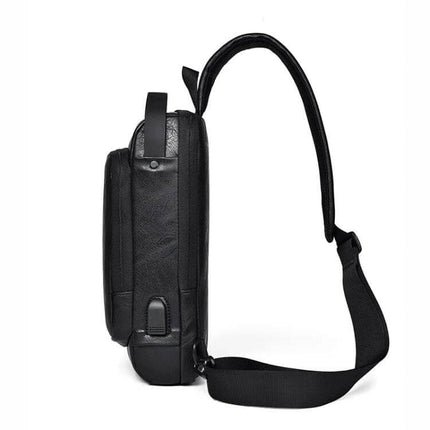 WEIXIER X318 Water-Resistant Crossbody Backpack Casual in black side profile showing slim water-repellent PU exterior and adjustable strap