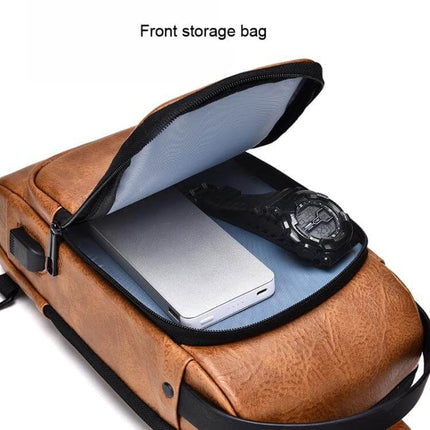 WEIXIER X318 Water-Resistant Crossbody Backpack Casual front storage bag showing power bank and watch in zippered compartment